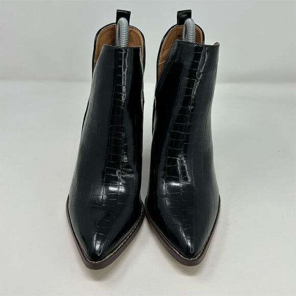 Mata Black Crocodile Side Split Pointy Toe Chunky Stacked Heel Booties Size 9 - Picture 4 of 12